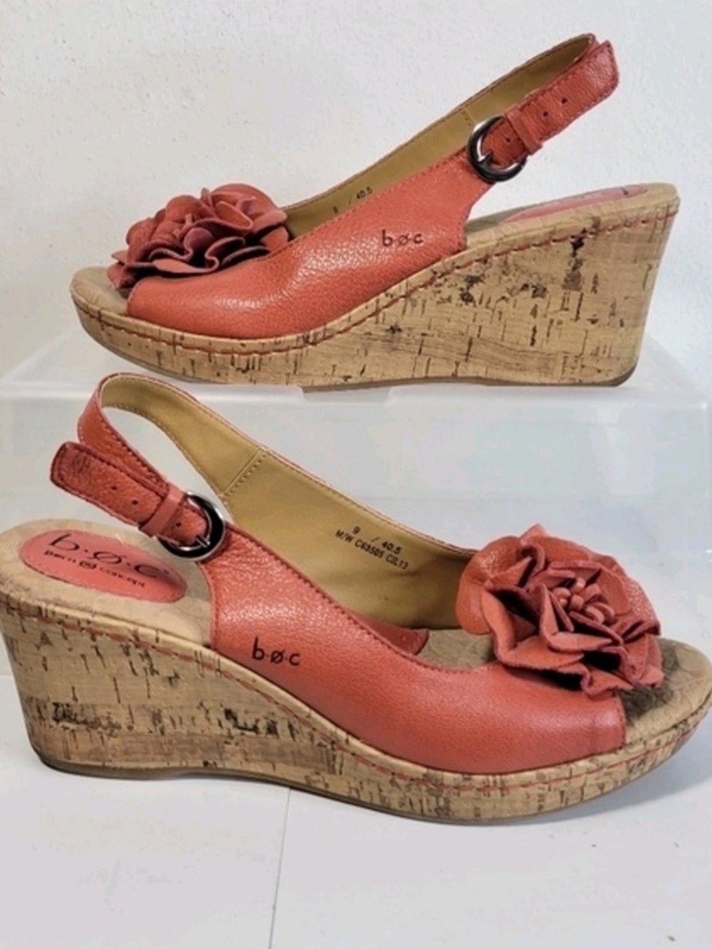 b.o.c. Red Coral Leather Slingback Wedge Sandals with Flower Accent. Size 10